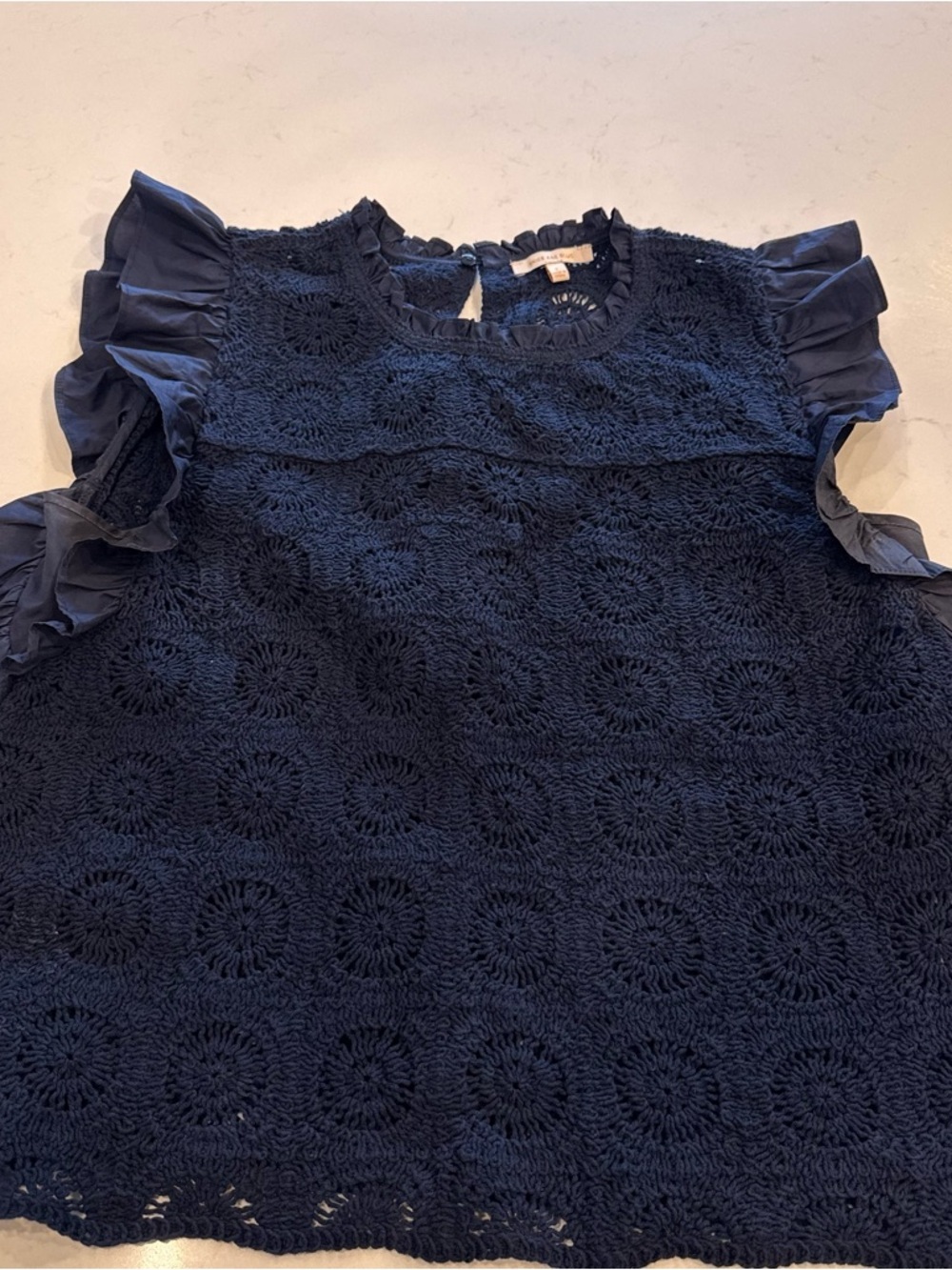 Skies Are Blue Navy Crochet Ruffle Sleeve Blouse